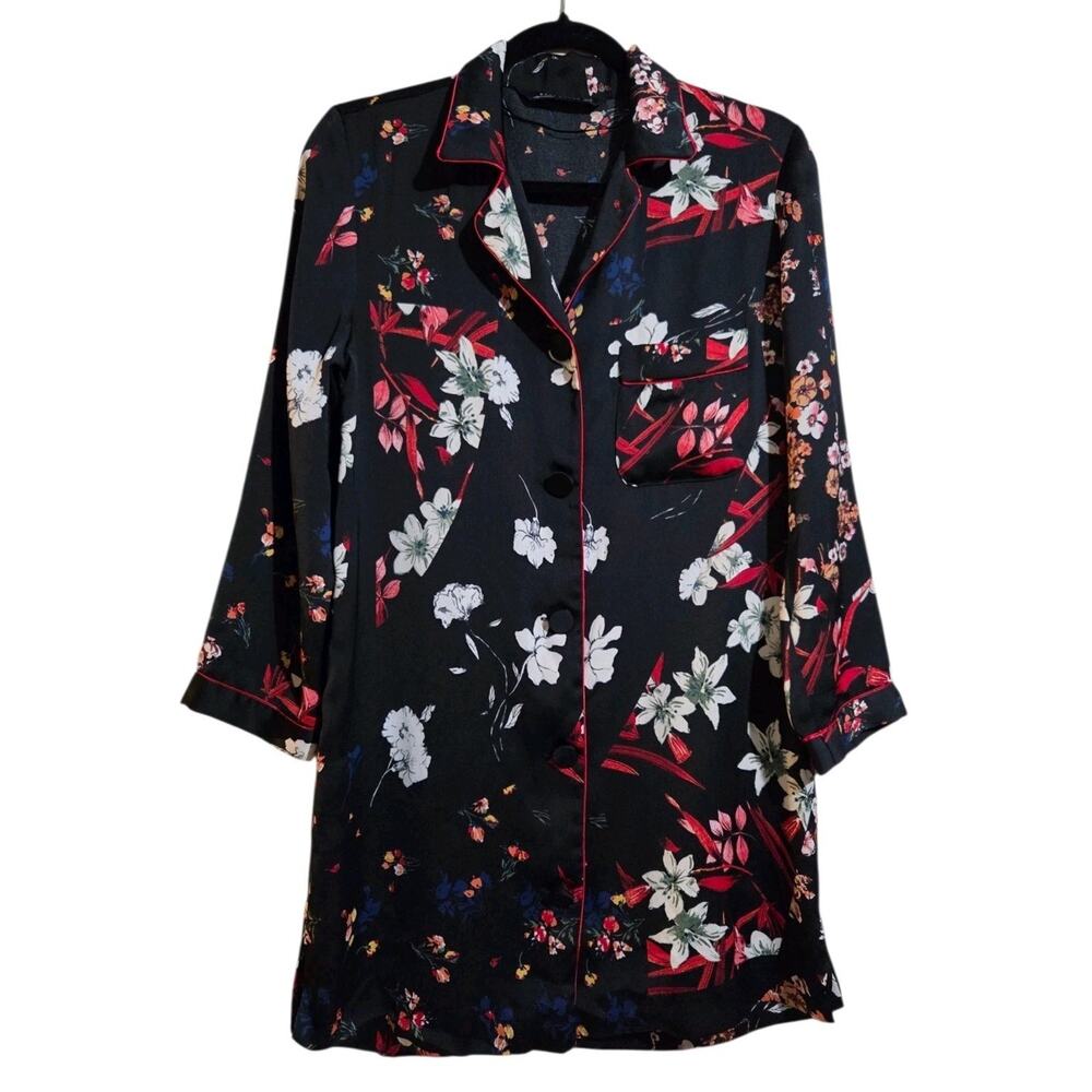 ZARA Black Floral Satin Silky long Sleeve Button Shirt Dress Pajama Style Sz XS